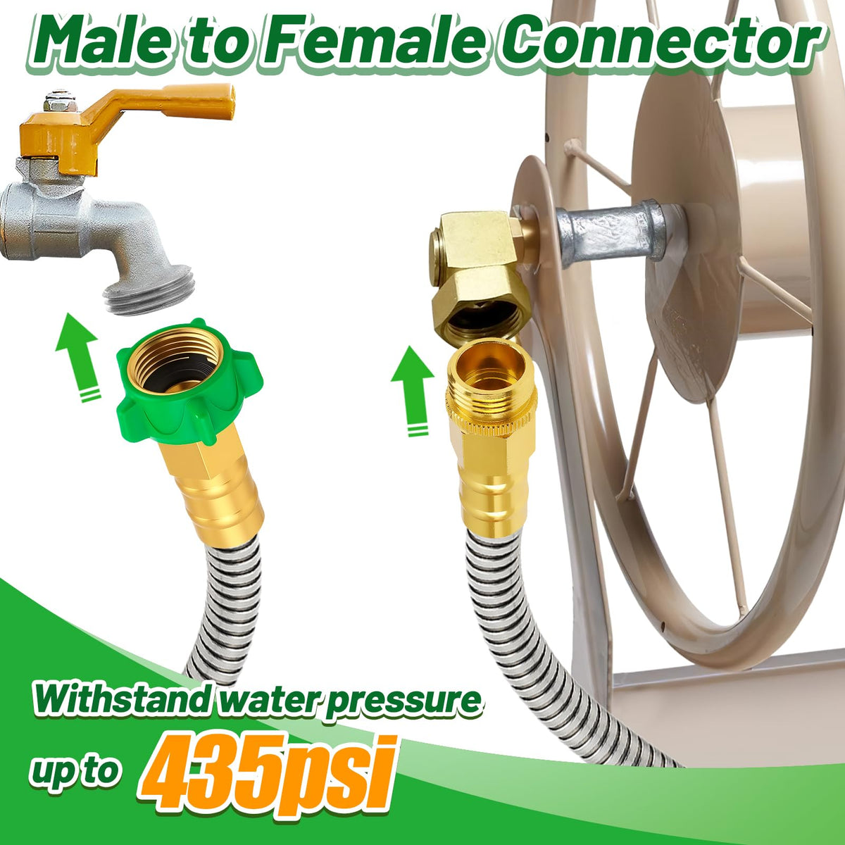 Short Garden Hose with Male to Female Connector - 2ft Metal Leakproof Leader Hose for Reel, Heavy Duty 304 Stainless Steel Flexible Water Pipe for Outdoor Watering Car Pet Cleaning
