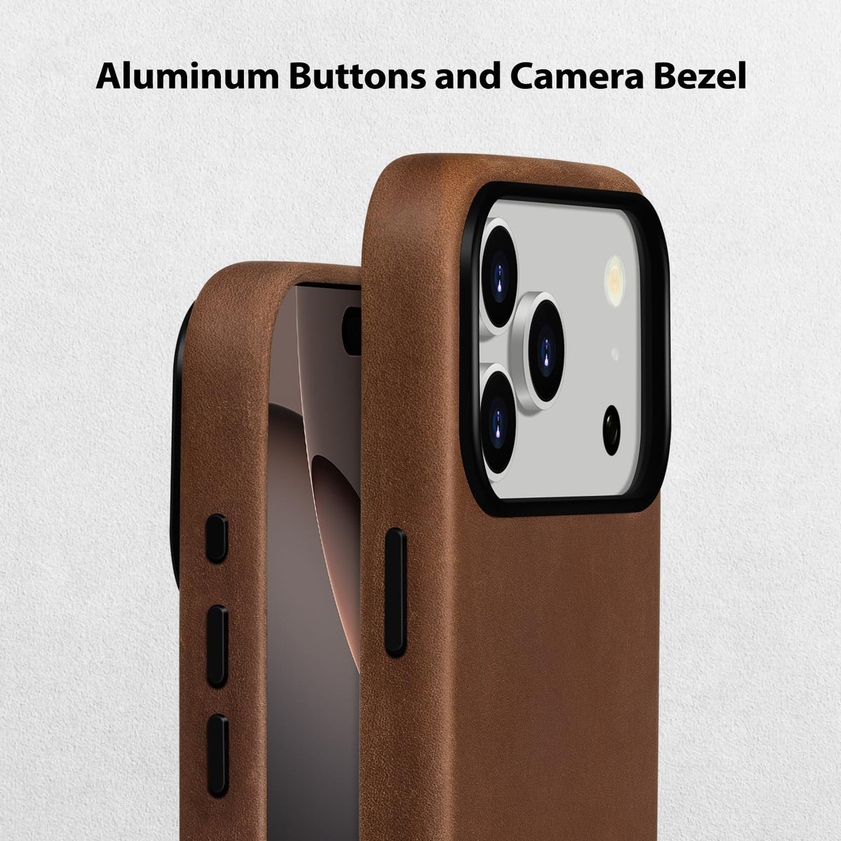 Belemay Handcrafted Crazy Horse Leather Case for iPhone 17 Pro, Compatible with MagSafe, Vintage Aesthetic, Two-Tone Effect, Unique Patina, Camera Control Button, Metal Buttons (6.3"), Vintage Brown