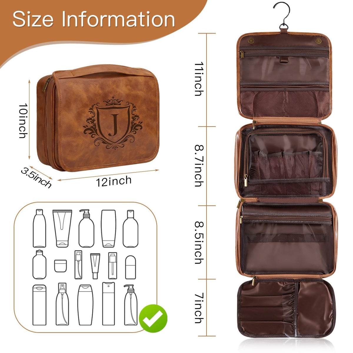 Aganmi Personalized 3-in-1 Hanging Toiletry Bag Fathers Day Birthday Gifts for Men Dad Husband, Custom Initial Large Waterproof PU Leather Dopp Kit Shaving Bag Travel Essential for Him Light Brown J