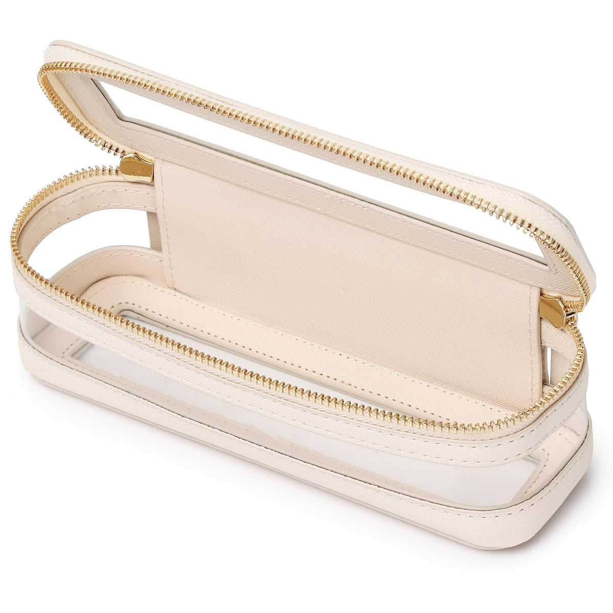 Pinkmik Makeup Brush Case Clear Travel Cosmetic & Toiletry Bag Slim Makeup Bag with Zipper Small Purse Organizer for Women Beige