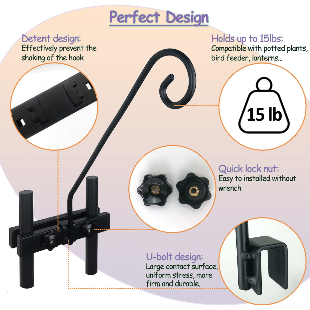 NEECONG Deck Hook Rail Suitable for Hanging Flower Baskets Wind Chimes Planters Bird Feeders Lights, Heavy Duty Fence Deck Hook Rail Holds up to 15lbs with Ease Note: Pole Length: 16.5 inches