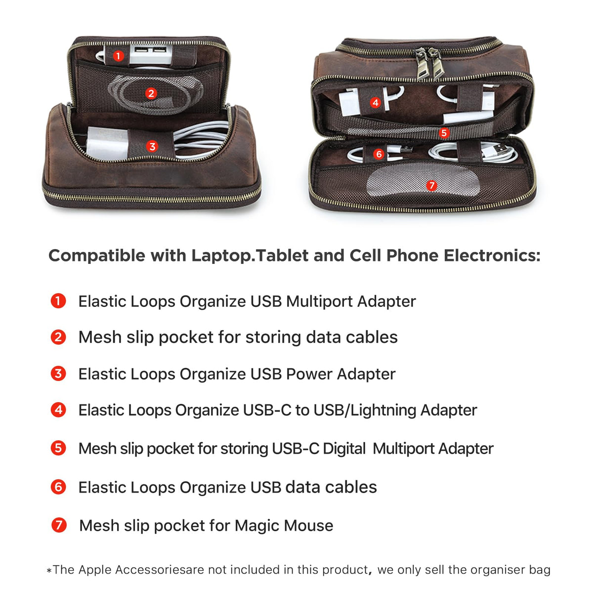 Hiram Handmade Crazy Horse Leather Tech Organizer Travel Case – Accessories Organiser Bag for Laptop, Tablet & Cell Phone, Double Compartment Charger Organizer Travel Case Coffee