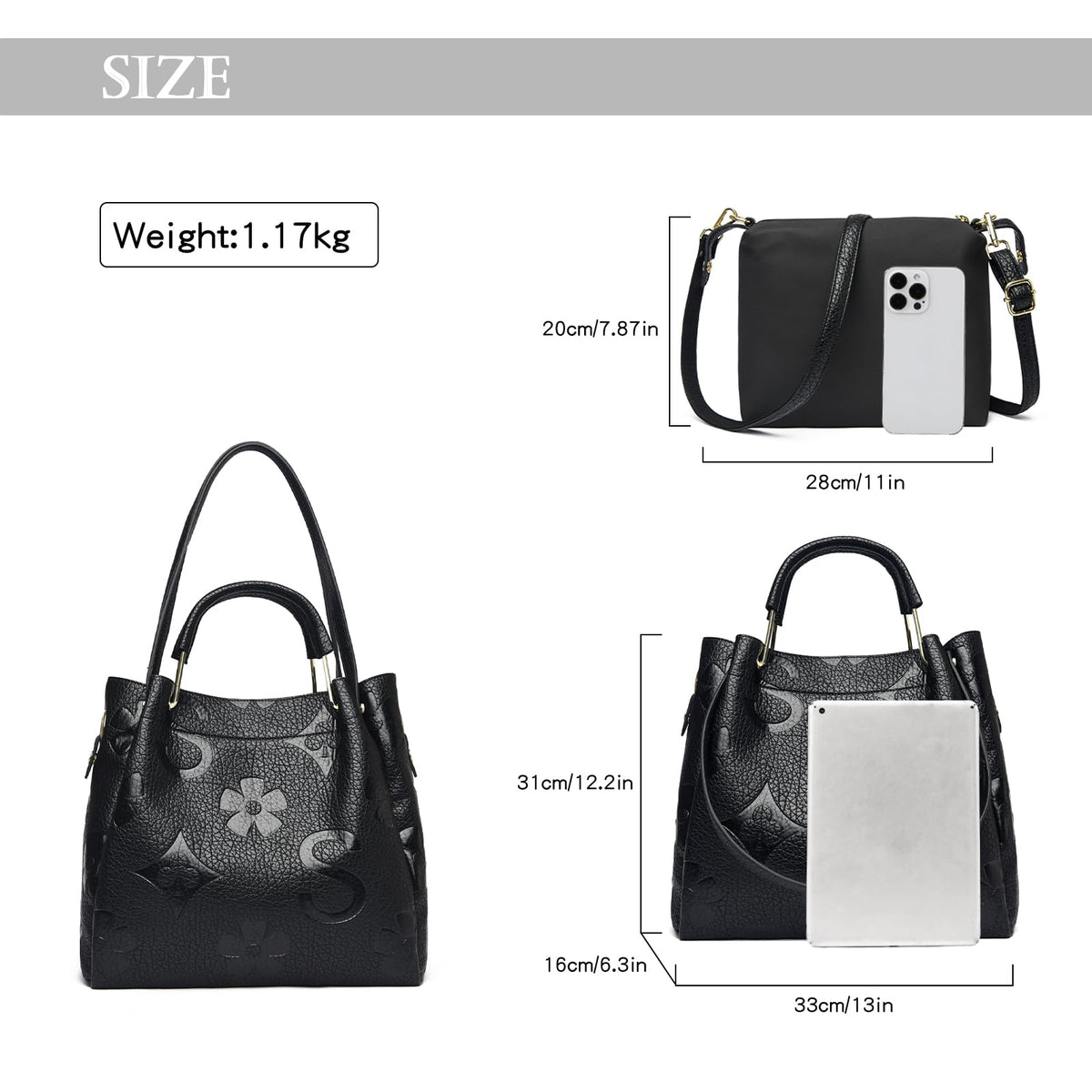 Travistar Floral Handbags and Purses Women - Retro Embossed Leather Top Handle Handbag Large Women's Shoulder Bag 3-in-1 Trendy Hobo Purse Ladies Bucket Satchel Bags Black Work Tote