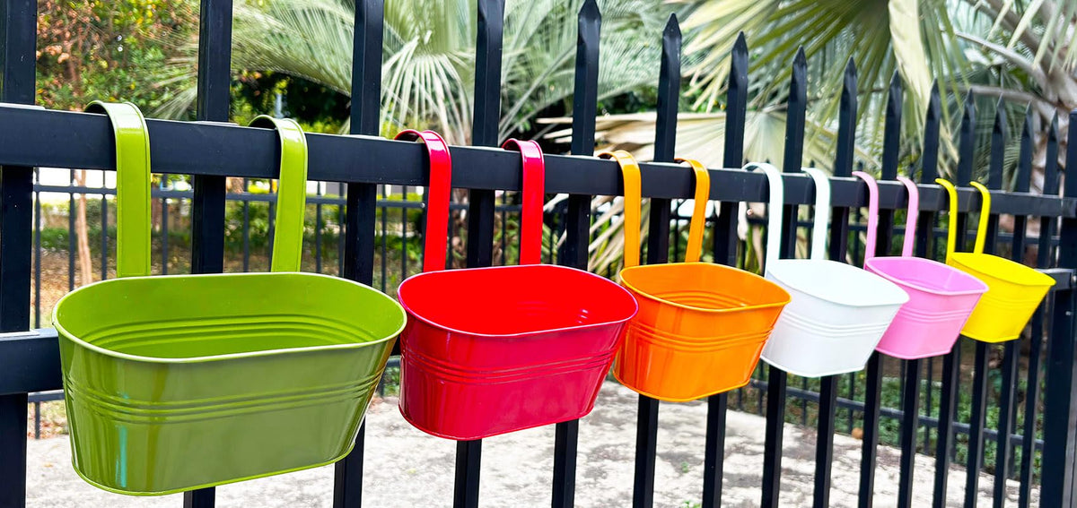 Joyfernal 12" Balcony Railing Planters, Outdoor Hanging Planter for Fence, Stylish Metal Porch Deck Flower Pot for Herbs & Succulents (11.8", Pack of 6)