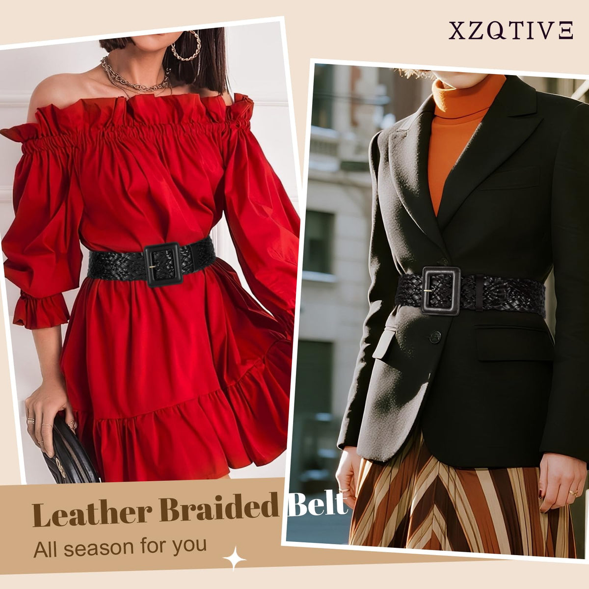 XZQTIVE Women Wide Belt for Dresses Fashion Thick Braided Leather Belts with Square Buckle, Woven Waistband for Ladies, Black(Fit Waist Size Below 27'')