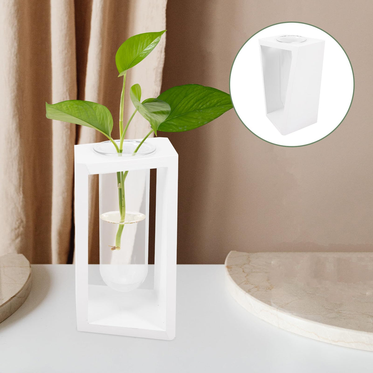 GOOHOCHY Wooden Frame Test Tube Glass Vase Hydroponic Propagation Planter for Indoor Plants Small Glass Terrarium Decor White Stand for Home Office