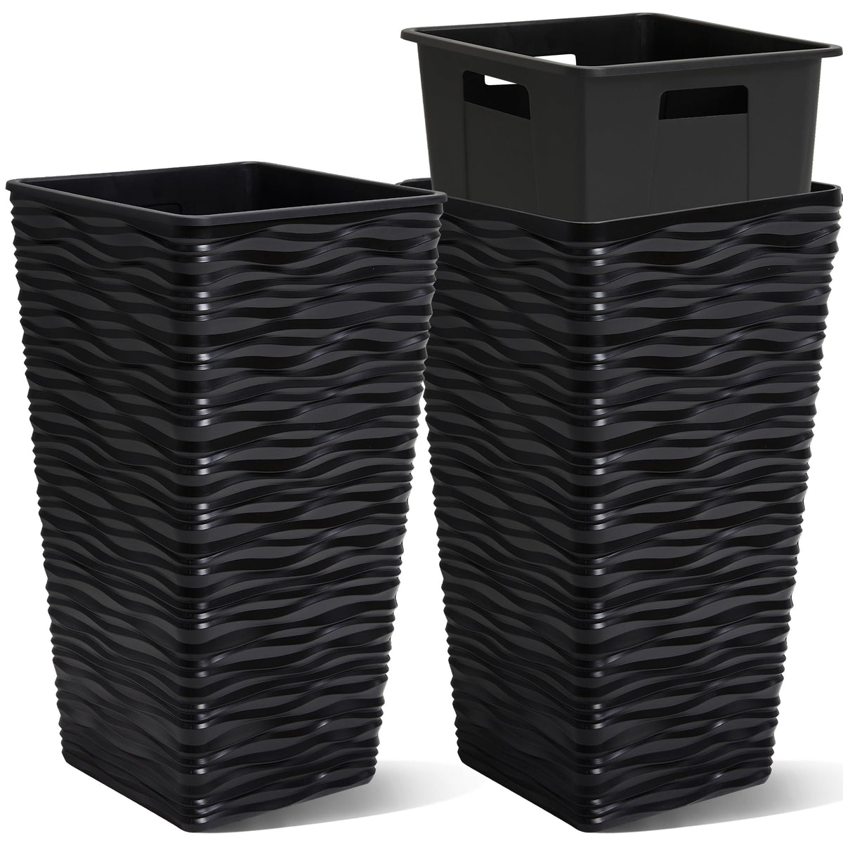 Worth 2 Pack 22" Tall Plastic Square Tapered Planter with Inside Pots for Indoor or Outdoor Use, Modern Wavy Finish for Front Porch or Deck, Black