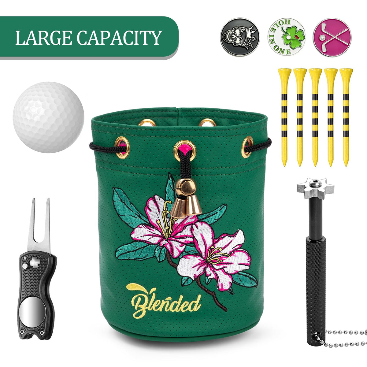 BAIRBRE Golf Valuables Pouch,Bucket Waist Design Golf Pouch Bag Azalea Embroidery Tee Bag with Drawstrings Leather for Men Women