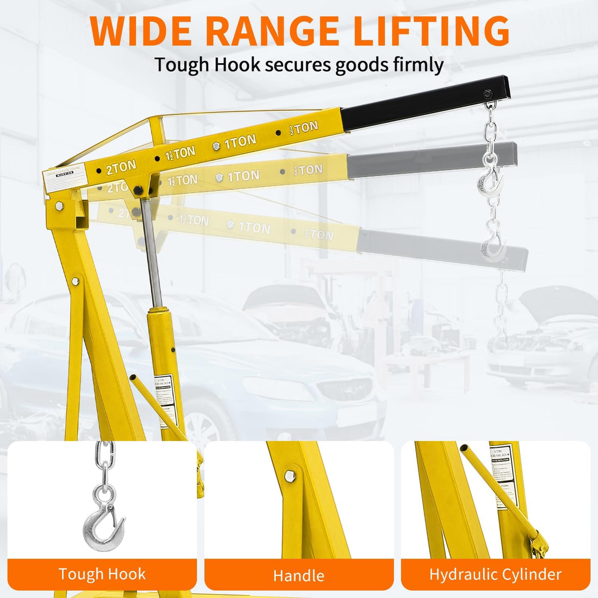 EliteEdge 2-Ton Folding Engine Hoist Cherry Picker 4400 Lb Capacity Hydraulic Shop Crane with Telescoping Boom 6 Caster Wheels for Automotive Repair Garage Use Includes Hitch and Storage Stand Yellow