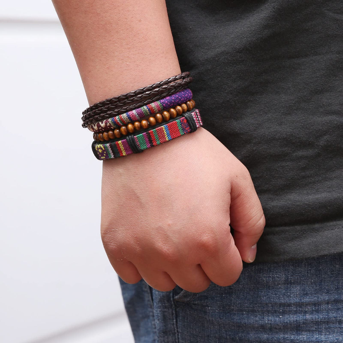 HZMAN 2Pcs Handmade Braided Leather Bracelet for Men Women Bohemian Ethnic Tribal Multilayer Hemp Rope Wristbands Wrap Cuff Bracelet