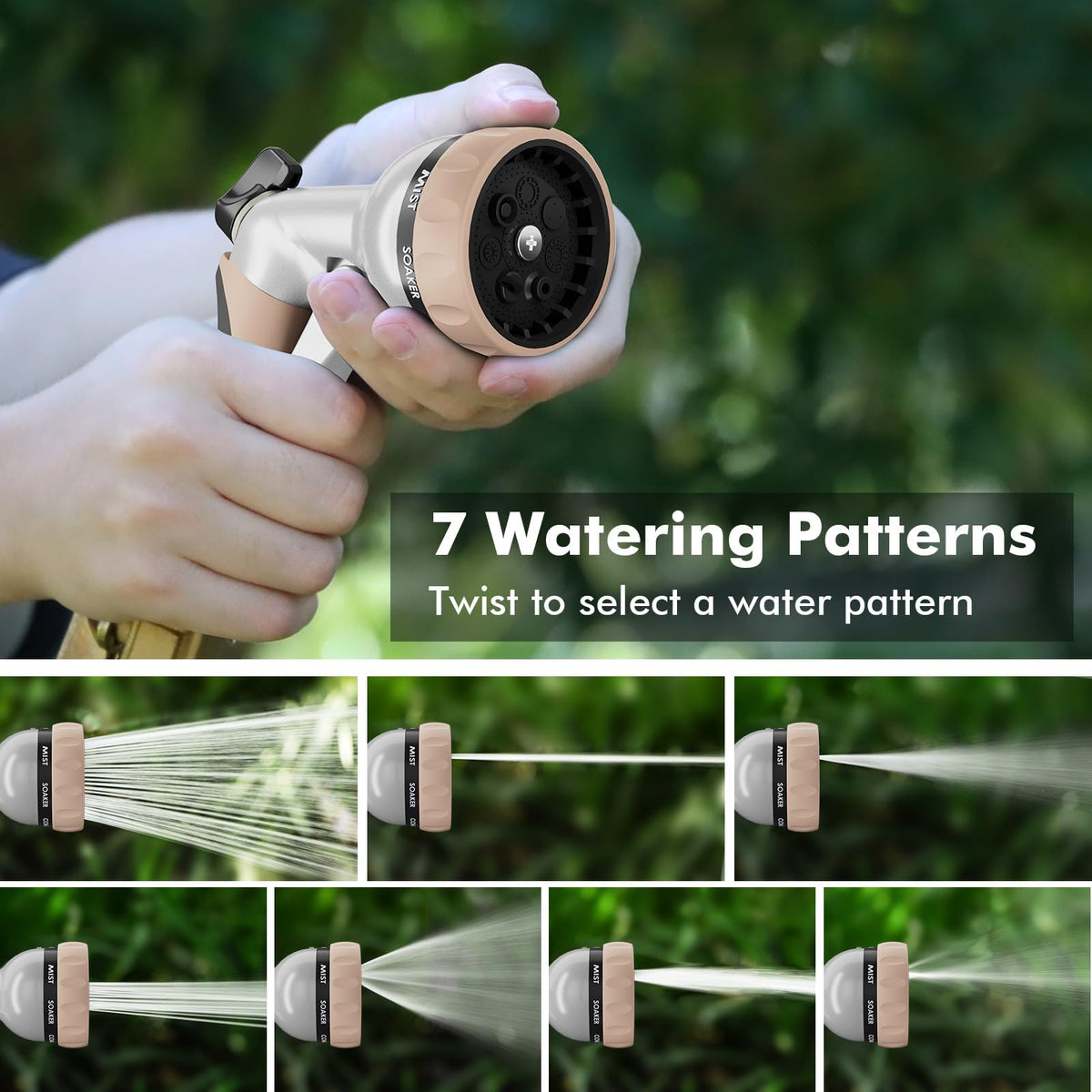 RESTMO Garden Hose Nozzle, Heavy Duty Metal Water Hose Nozzle with 7 Adjustable Spray Patterns, High Pressure Hand Sprayer with Flow Control, for Watering Plants & Lawns, Washing Cars & Pets, Gold