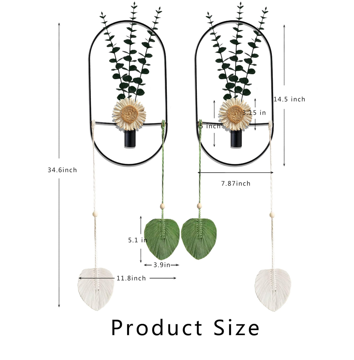 Black Wall Mounted Metal Planter, 2 Piece Set, Large Wall Hanging Vase with Faux Plants, Plant Wall Decor for Living Room, Bedroom, Bathroom, Dining Room