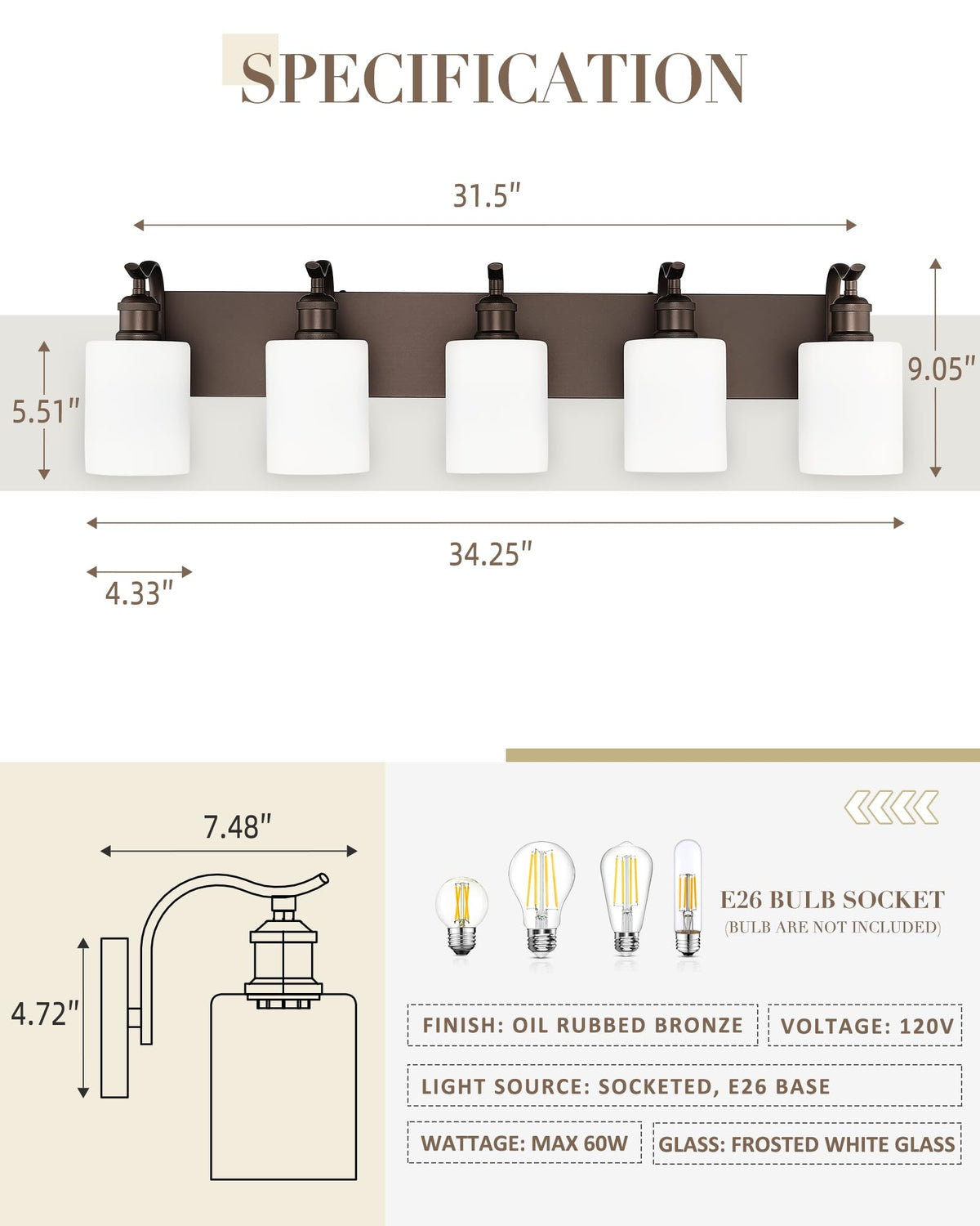 JAZAVA 5 Light Bathroom Vanity Light Oil Rubbed Bronze Metal Wall Sconce with Milky White Frosted Shade Model ZCVL01ORBW-5