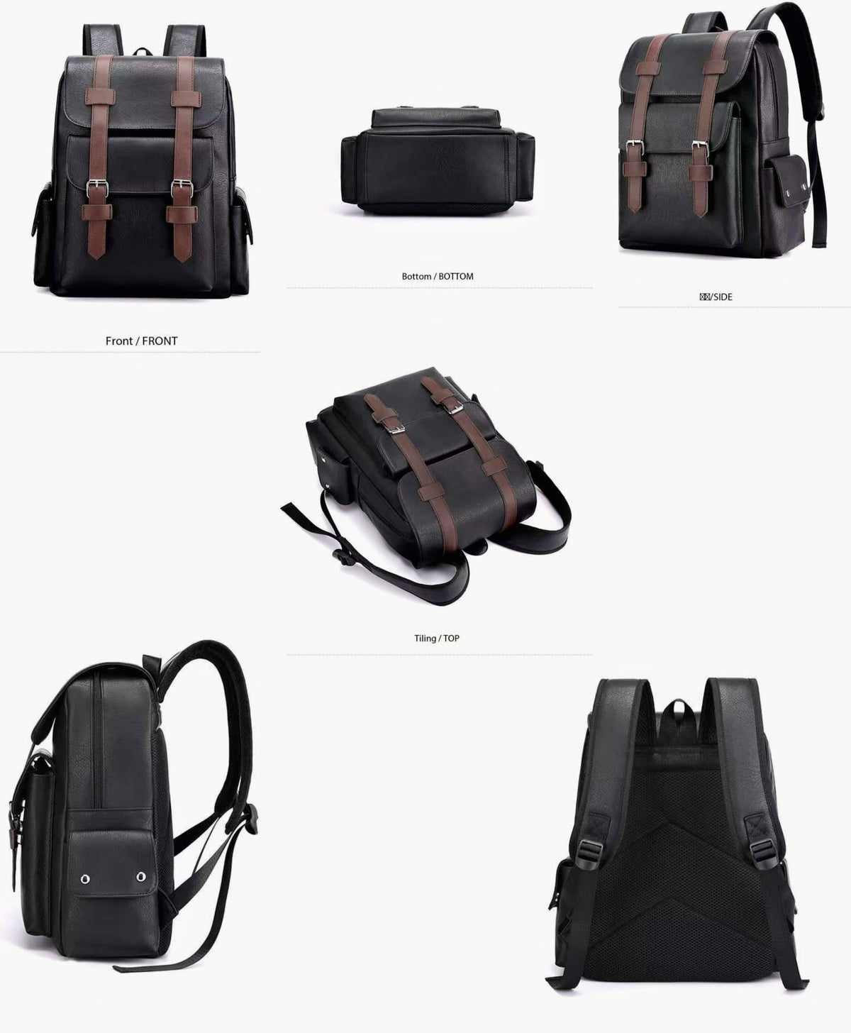 CYLYWJD Business Men and Women PU Leather Backpack 15.6inch Laptop Waterproof Backpack Travel Commuter Lightweight schoolbag (Black backpack9,Medium)