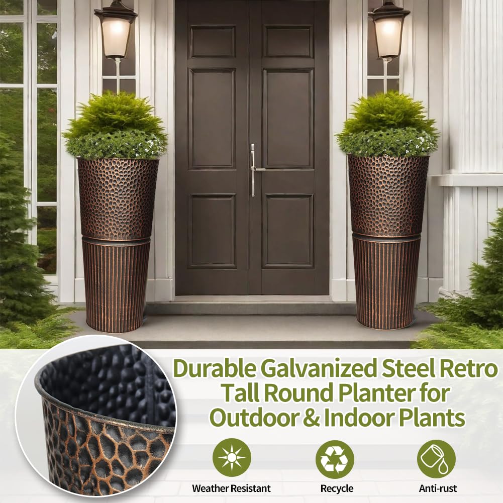 2 Pcs Pack 25 Inches Metal Tall Tapered Planter Pots Large Galvanized Steel Round Planter Flower Pot with Drainage Holes for Indoor Outdoor Deck Porch Garden Home Patio Front Door (antique copper, M)