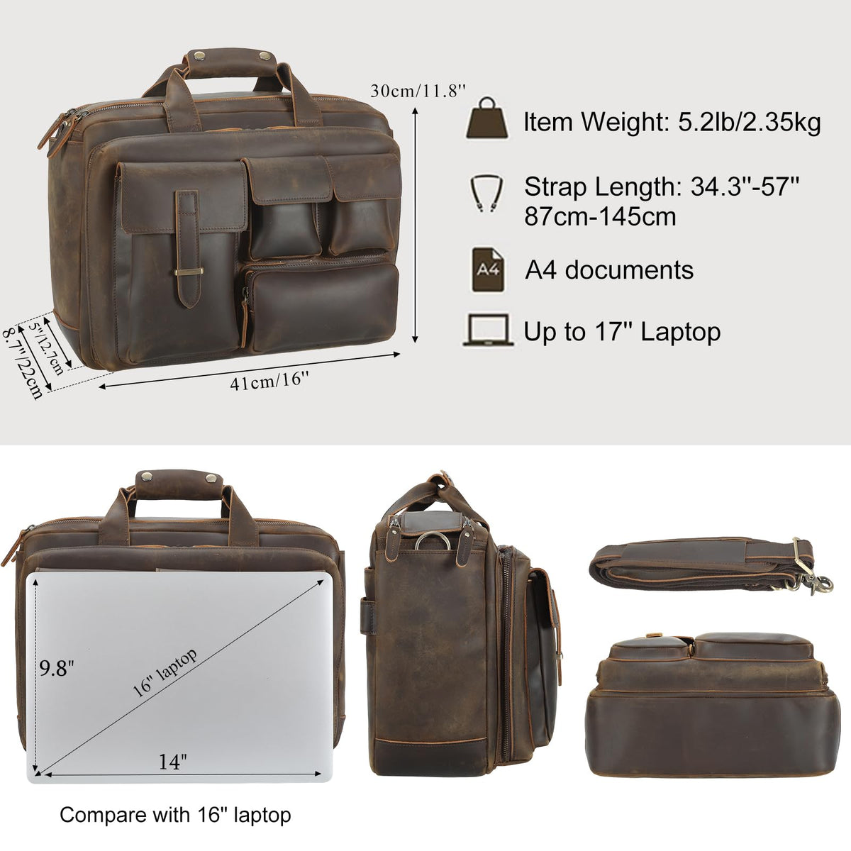 TIDING Full Grain Leather 17.3 Inch Laptop Briefcase for Men, Multi Pockets Work Bag Business Travel Messenger Shoulder Bag