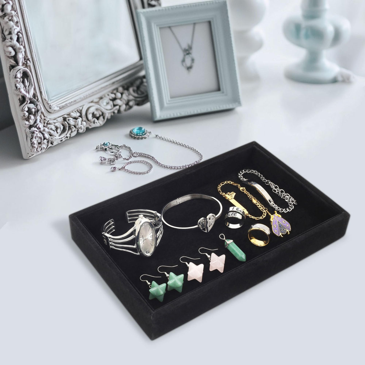 Mornajina 2 Pcs 9" x 5.7" Velvet Jewelry Tray Jewelry Display Tray, Stackable Empty Plate Trays for Earrings Necklaces Bracelet Rings Display Showcase - Black