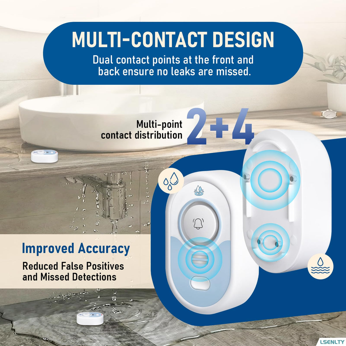 LSENTLY Water Leak Detector Supports 5 Years Standby Time, LED Indicator & 100dB Leak Alarm & Low Battery Reminder Water Alarm, IP66 Waterproof for Home, 8 Pack (Cannot Connect Wi-Fi)