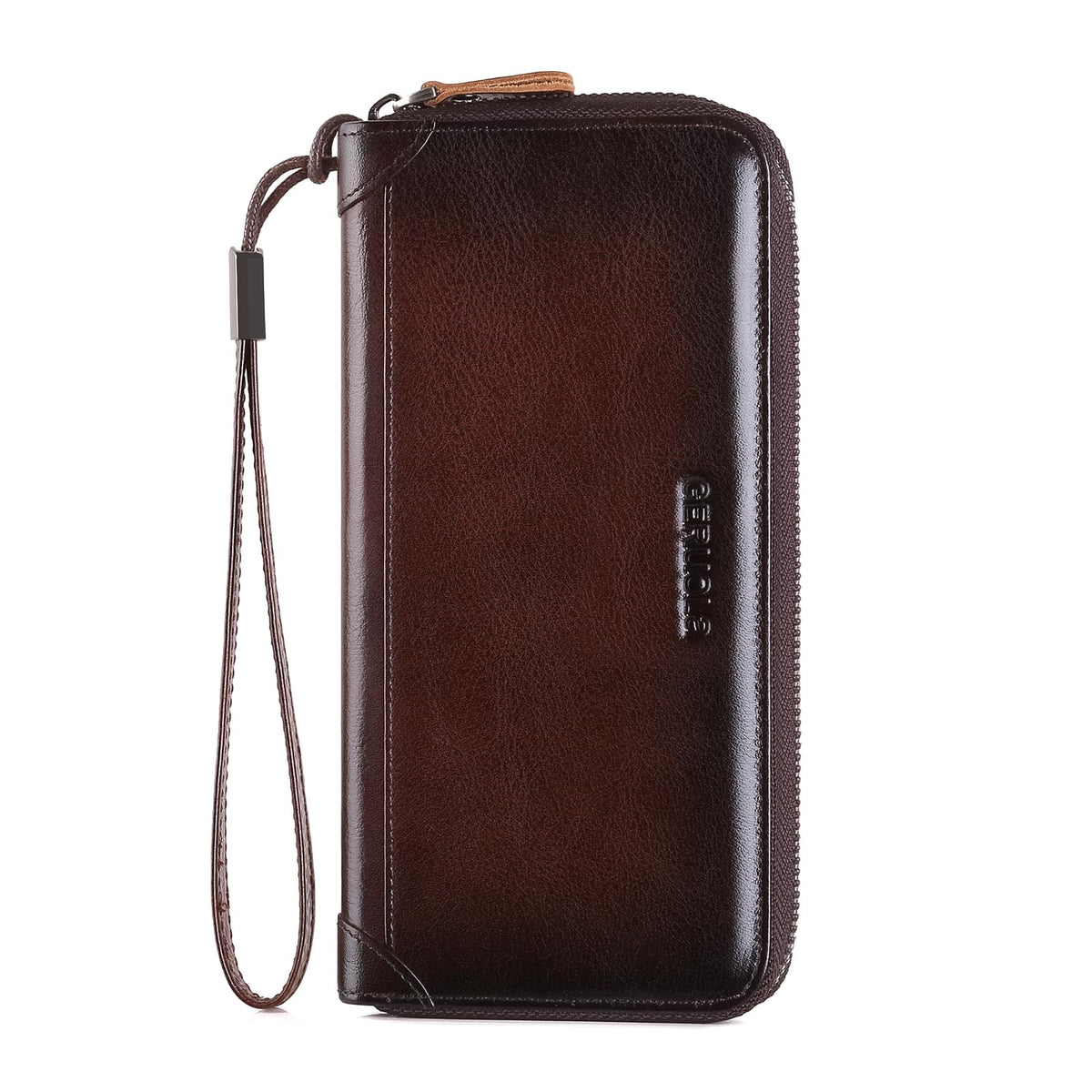 Men's Genuine Leather Zipper Wallet with RFID Blocking, Phone Pocket，Long Zipper Pouch Wallet (Coffee)