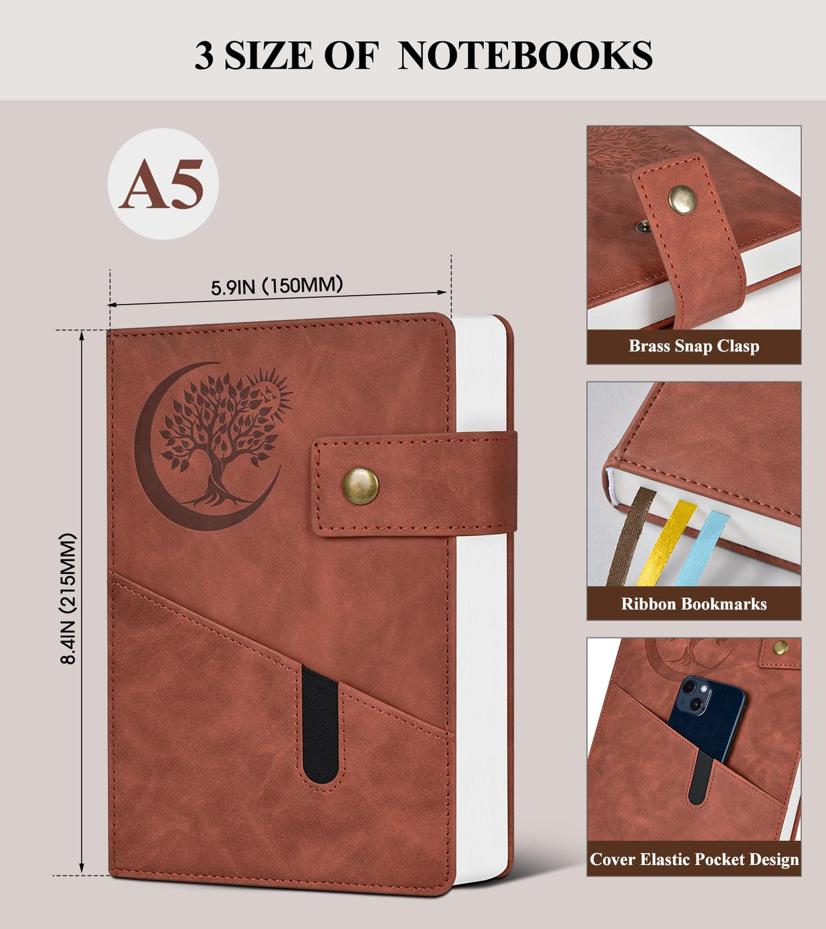 PAIBAS A5 Leather Lined Journal Notebook, 5.9"x8.4" 366 Pages 100GSM College Ruled Hardcover Diary with 3 Ribbon Bookmarks, Brass Snap & Front Pocket, Journals for Writing Work Travel Men Women