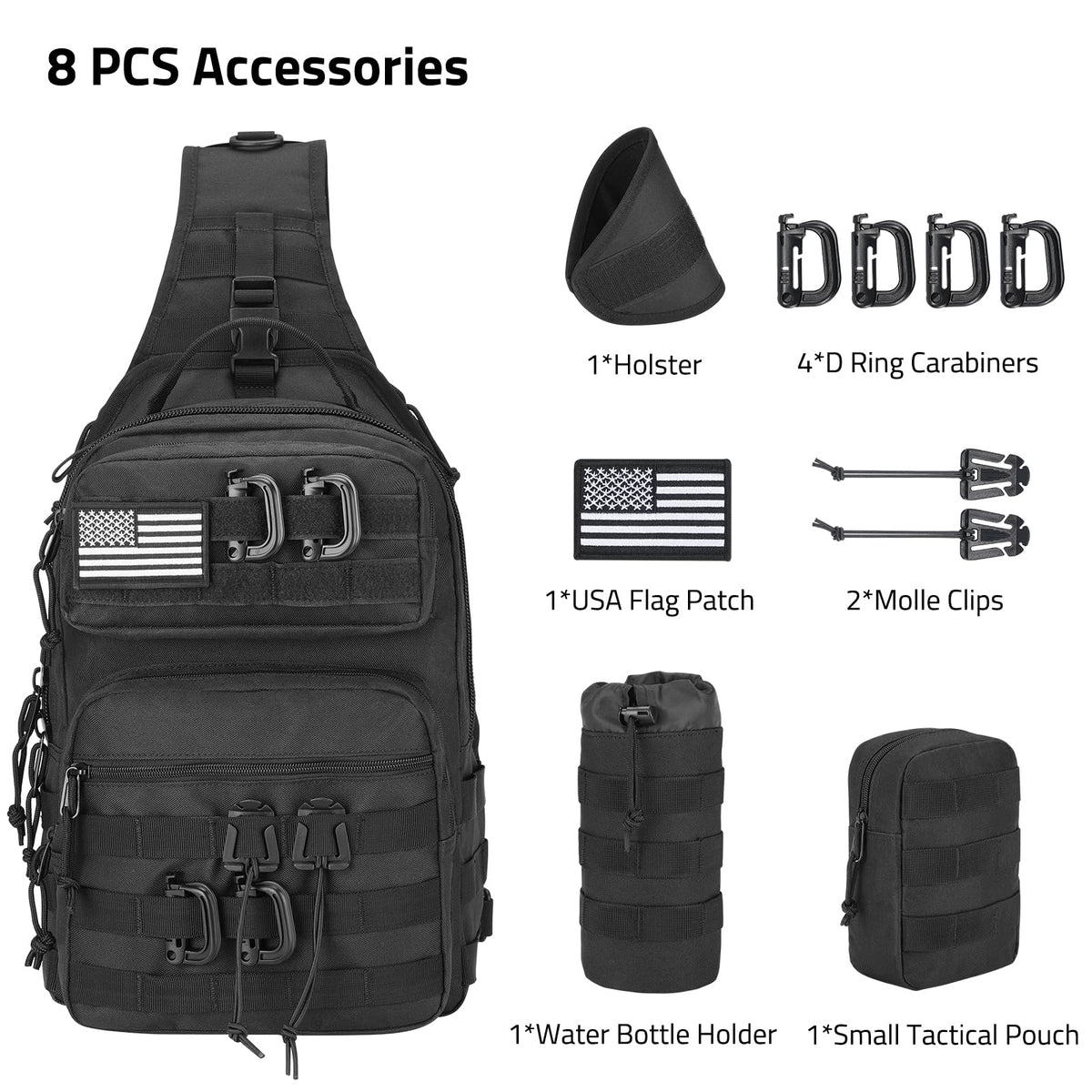 CVLIFE Tactical Sling Bag Backpack for Men Military Shoulder Sling Bag Molle Detachable Tactical Bag with Bottle Holder Hidden Pocket Daily Day Pack Work Bag for EDC Hiking, Black