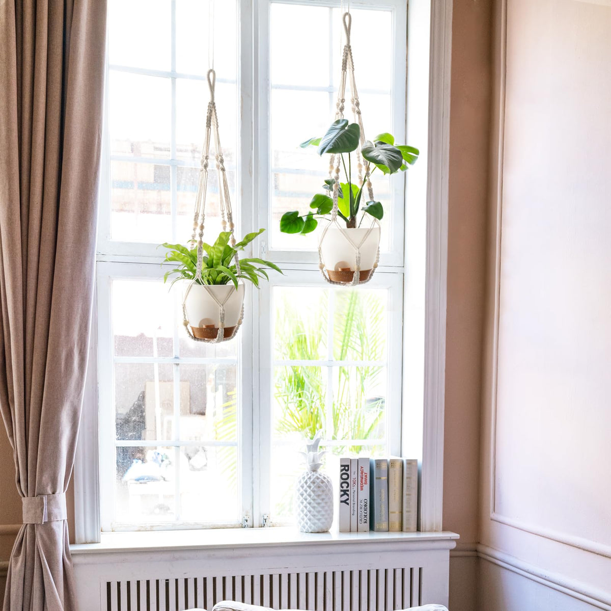 Mkono 7.5 Inch Hanging Planters, Macrame Plant Hangers with Self Watering Plant Pots Indoor Set of 2 Hanging Baskets Flower Pot Holders with Hooks No Tassels for Boho Home Decor, Ivory
