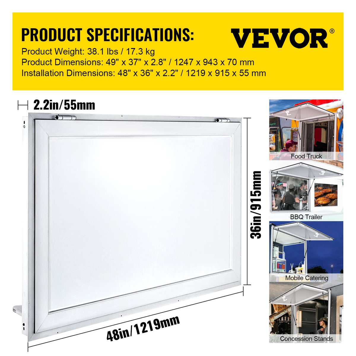 VEVOR Concession Window for Food Truck, 48 x 36 Inch, Silver, Double-Point Fork Lock, Awning Door Up to 85 Degrees, Glass Not Included