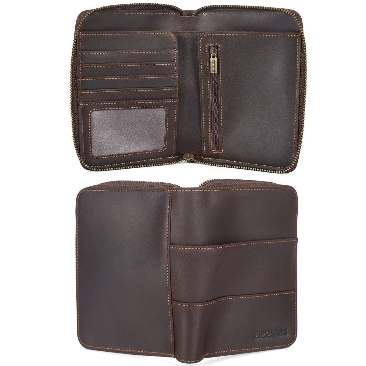 Polare Full Grain Leather Travel Passport Wallet with YKK Zipper and RFID Blocking Document Organizer Holder 2 Passports (Dark Brown)