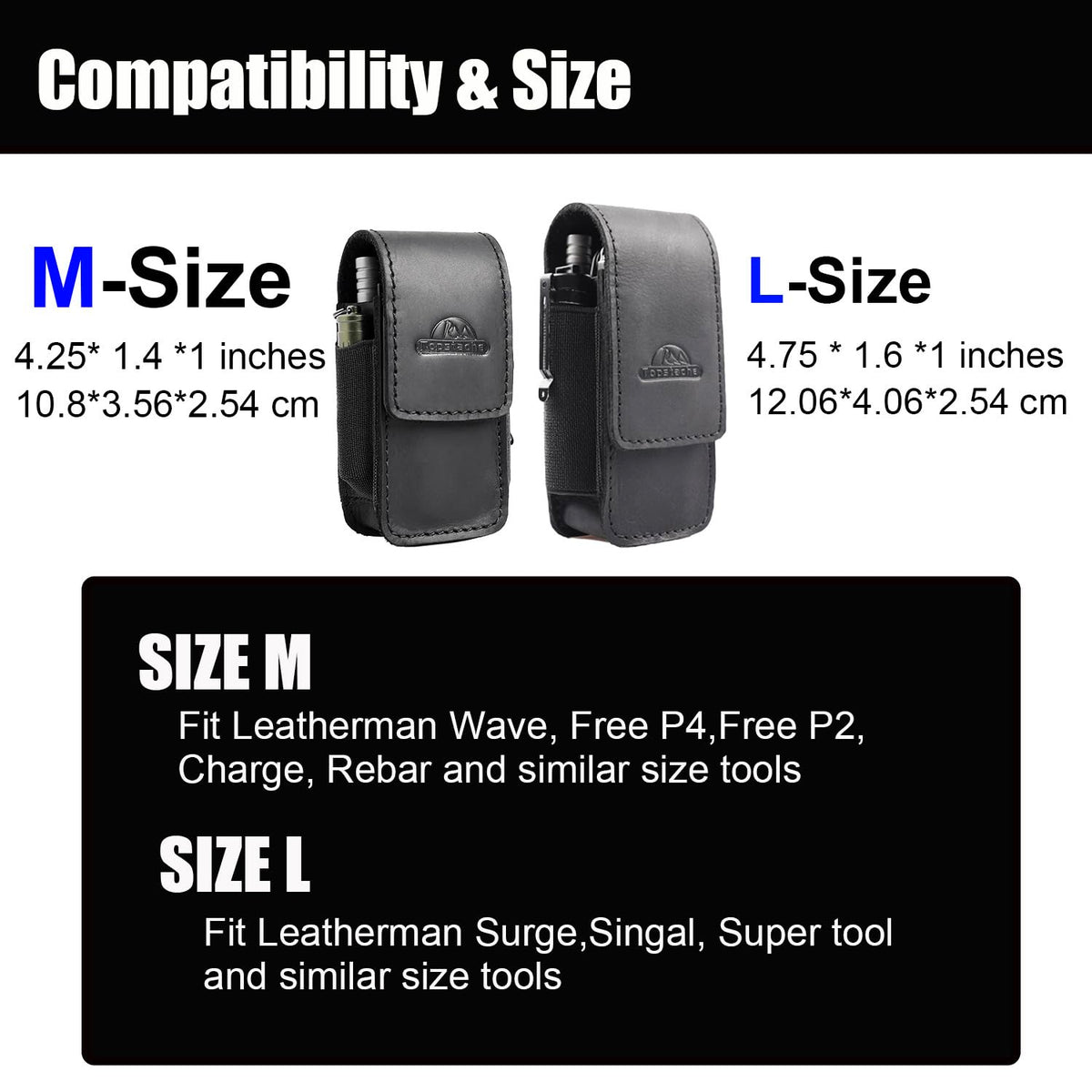 Topstache Leather Multitool Sheath - Multitool Holster for Belt - Pocket Organizer for Work - Multi Tool Holder for Leatherman, Gerber, SOG - Magnetic Closure EDC Belt Pouch, M, Black