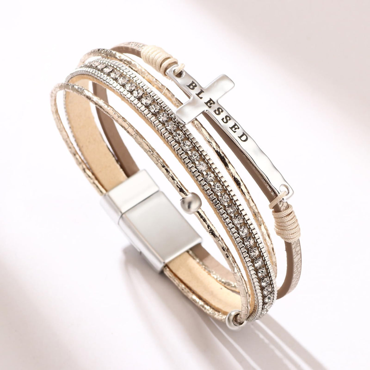 Leopard Bracelet for Women, Boho Leather Wrap Multi-Layer Pearl Crystal Bracelet Bangle Jewelry (Blessed Cross(Khaki))