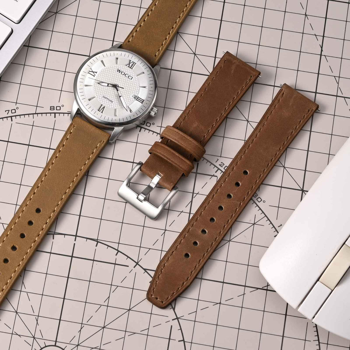 WOCCI 20mm Elite Watch Band, Top Grain Leather, Quick Release, Silver Buckle (Sand)