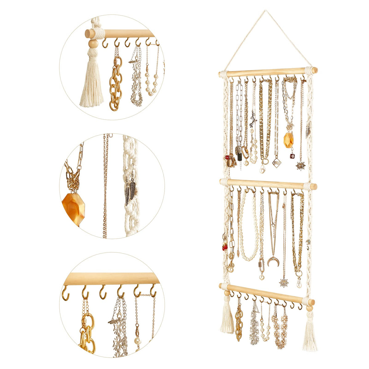 Dahey Hanging Jewelry Organizer Macrame Necklace Holder with 30 Hooks and Headband Holder with 30 Hooks Boho Decor for Baby Girls Room