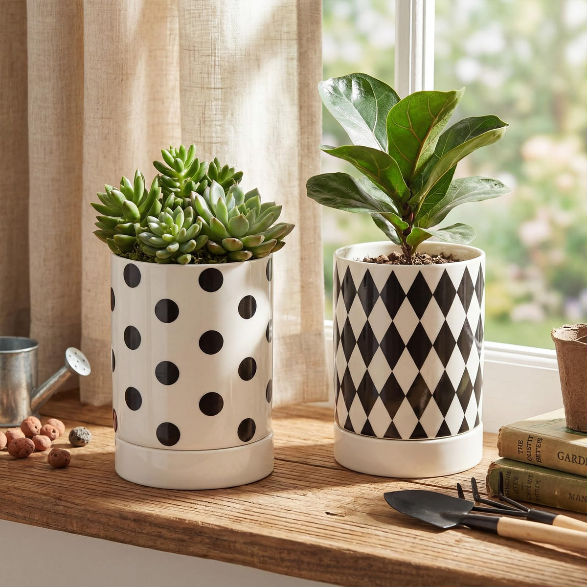 Ferrochef Ceramic Plant Pots Set of 2, 6 Inch Flower Pots with Drainage Hole Modern Polka Dot Diamond Planter for Indoor Outdoor, Black and White