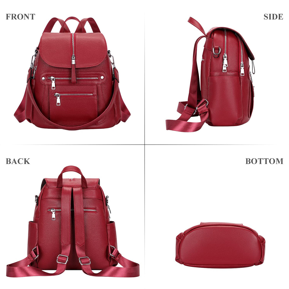 ALTOSY Leather Backpack Purse for Women Fashion Casual Handbag with Multi Pockets and Flap (S107 Wine Red)