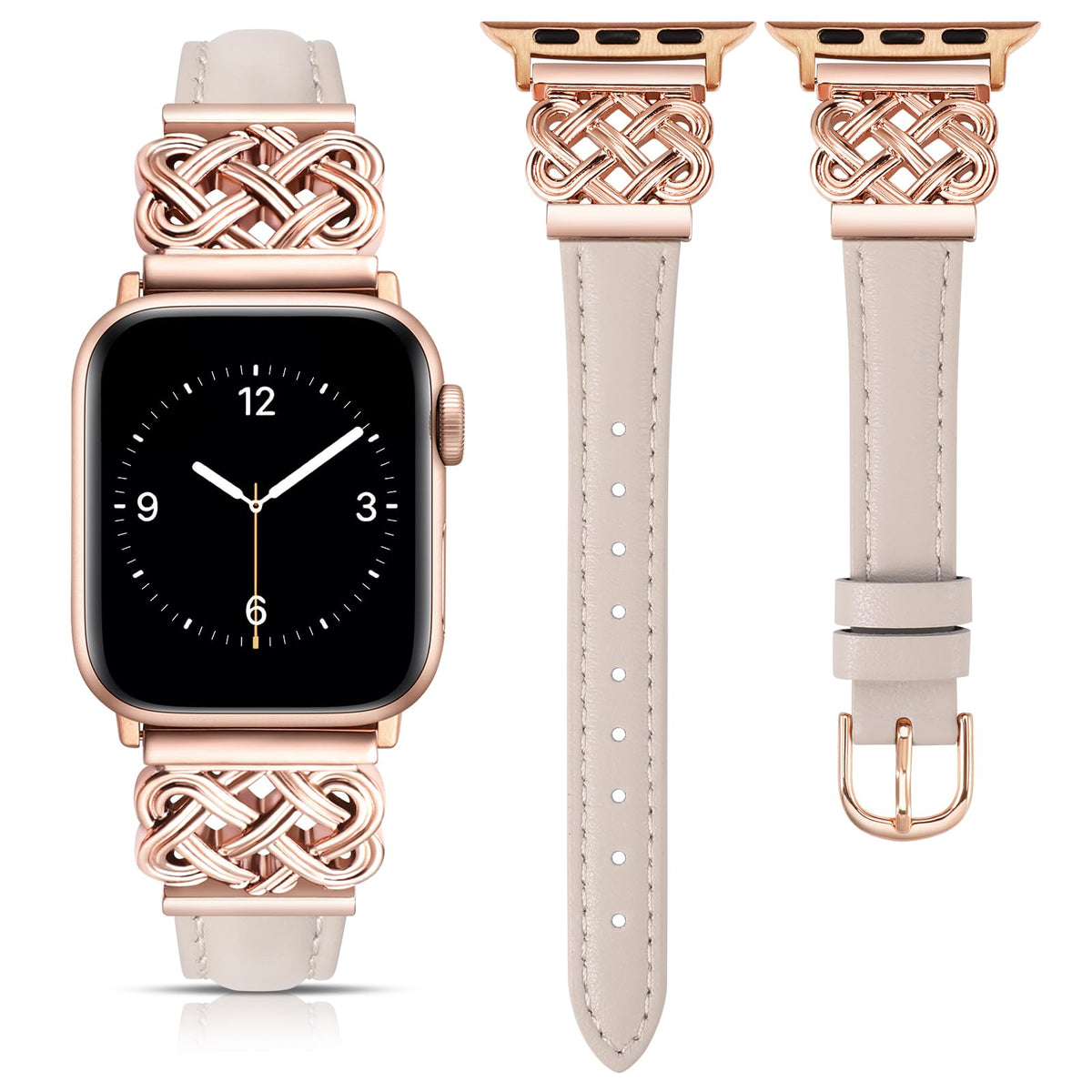 TOYOUTHS Compatible with Apple Watch Bands Women 38/40/41/42mm Dressy Slim Leather Strap with Celtic Knot Interlock Buckle Bracelet for iWatch Series 11 10 9 8 7 6 5 4 SE 3 2 1, Starlight/Rose Gold