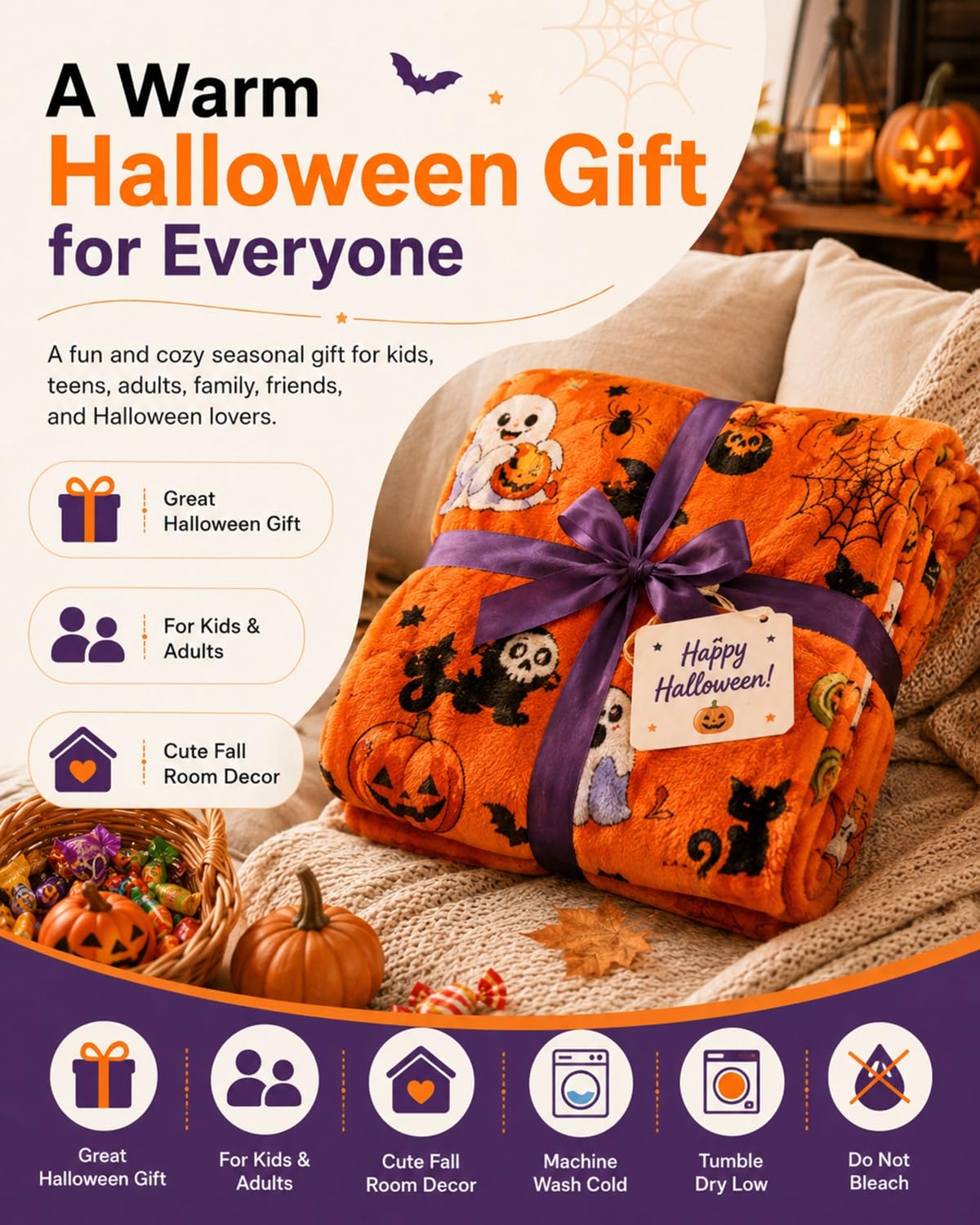 Halloween Throw Blanket Couch Cozy Flannel Decoration for Party Bed Soft Flannel Ghost Blanket Halloween Harvest Gifts Horror Ghost Bat Pumpkin(Model7,50x80in)