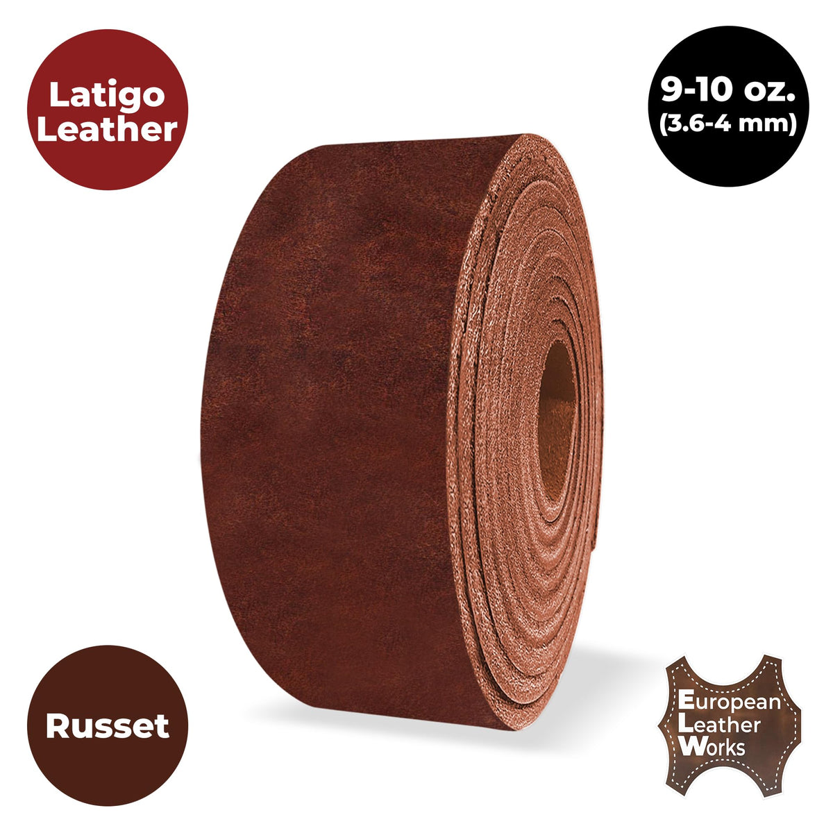 ELW 9-10 oz (3.6-4mm) Latigo Leather Belt Grade Straps & Strips | Size: 1"x50" (2.5x127cm) | Russet | Full Grain Cowhide, Heavy Duty Holsters, Sheathes, Harness, Saddle, Guitar Straps, DIY Crafts