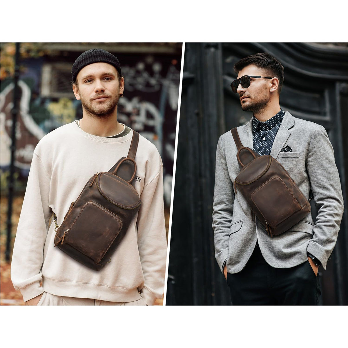 S-ZONE Sling Bag for Women Men Genuine Leather Vintage Crossbody Chest Bags Backpack Daypack Outdoor Travel