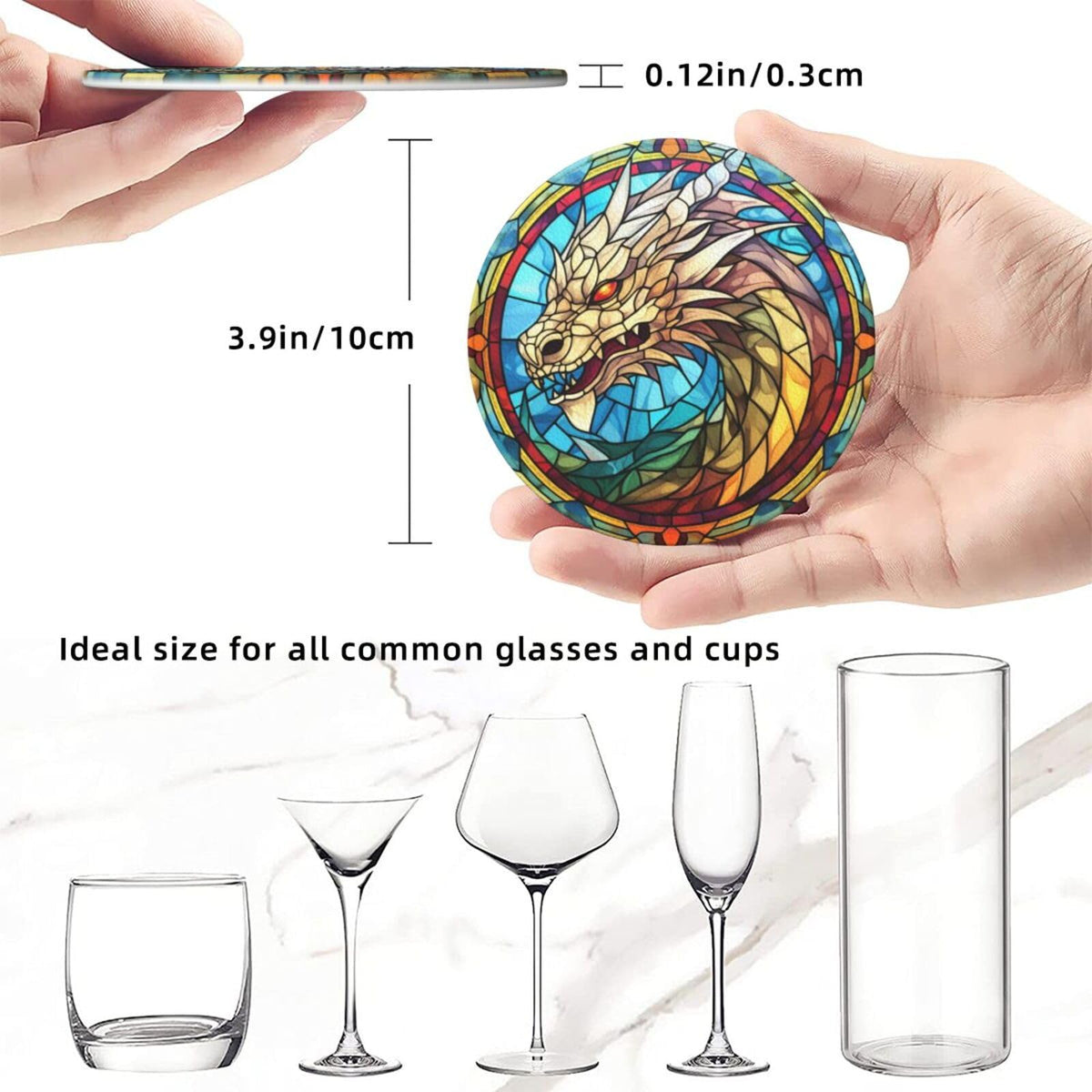 Dragon Drink Coaster Set of 6, Dragon Decor Gifts, Leather Drink Coasters with Holder, 6 Pack Cup/Bar/Drink Coasters for Table/Drinks/Coffee Protection Housewarming Gift (Dragon)
