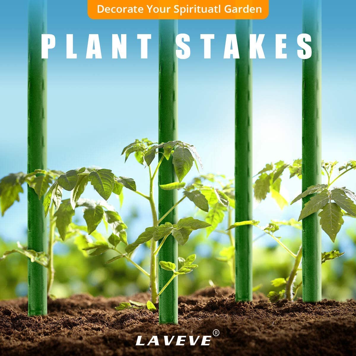 LAVEVE Garden Stakes 58 Inches Heavy Duty Steel Tomato Stake, Plastic Coated Support for Securing Trees, Climbing Plants, Cucumber, Beans, Pack of 20
