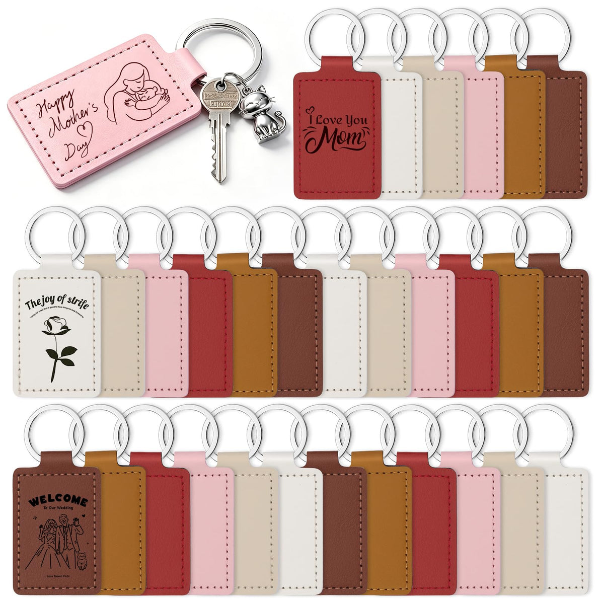 Tikjiua 30 Pcs Leather Key Fob Kit, 6 Colors Leather Keychain Blanks, Rectangular PU Key Chain Blanks with Keychain Rings for DIY Laser Engraving, Stamping Crafts Leather Working