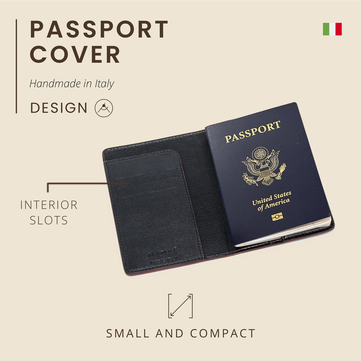Maruse Italian Leather Passport Cover for Men and Women, Handmade in Italy, Black