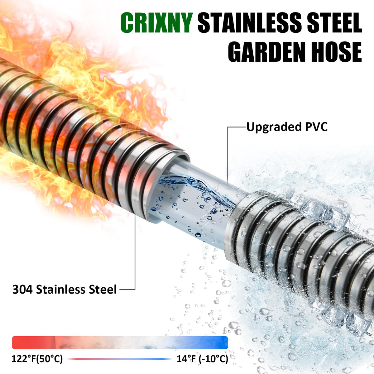Garden Hose 50 ft, Stainless Steel Water Hose 50ft Heavy Duty with 10 Function Nozzle, Flexible No-Kink Metal Hose 50 Feet, Pet-Proof Water Pipe for Outside Yard