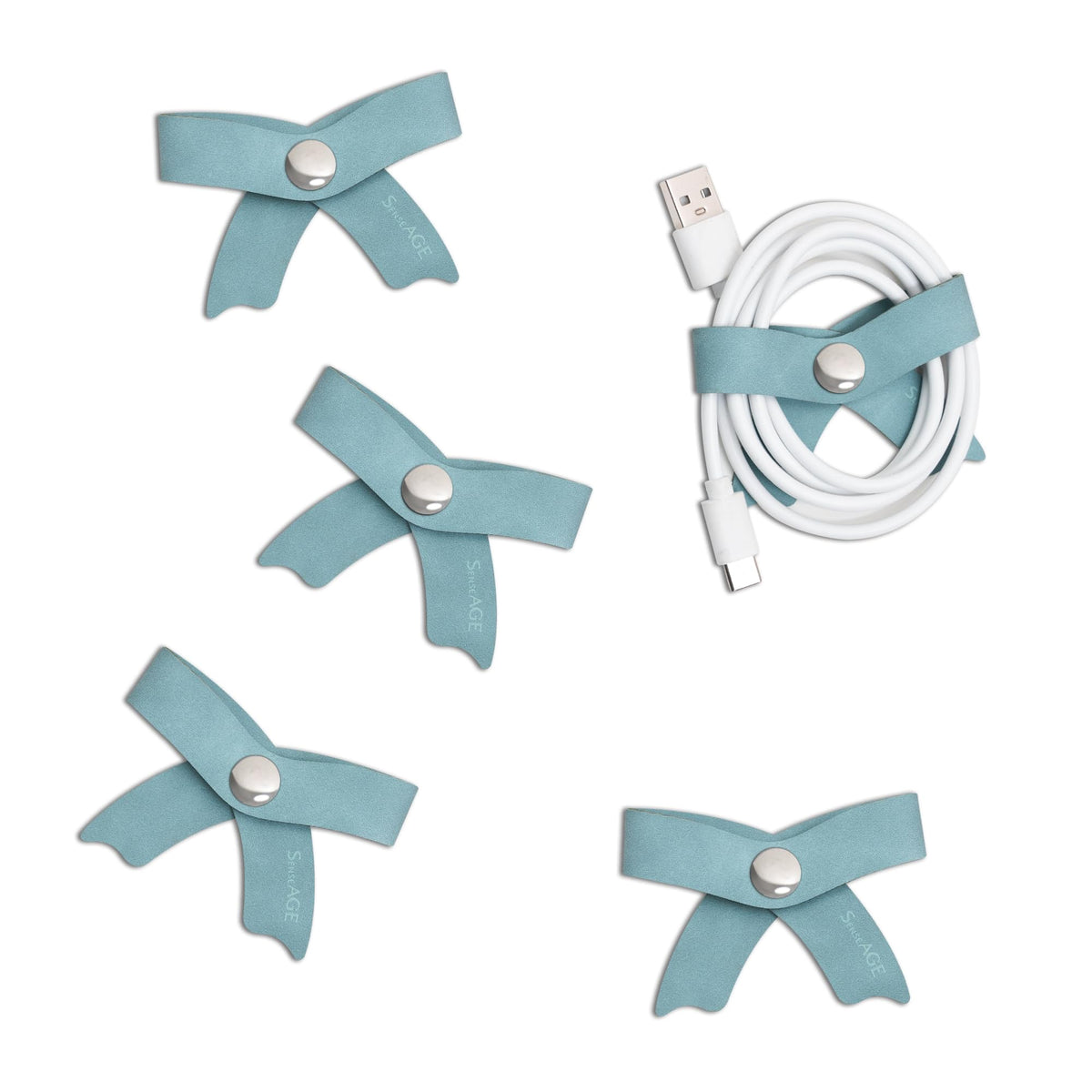 SenseAGE 5 Pack Cord Organizer, Bow Cord Keeper, Cable Organizer USB Holder, Leather Cable Management, Cable Straps, Earphone Winder, Storage Straps for Electronics, Earbuds (Baby Blue, Big)