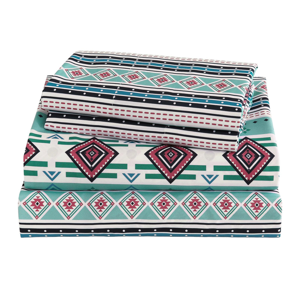 CozySmile 4 Pieces King Sheet Set Bohemian, Boho Sheets Soft Microfiber Deep Pocket, Western Sheets Geometric(King, Mint Coral Striped)