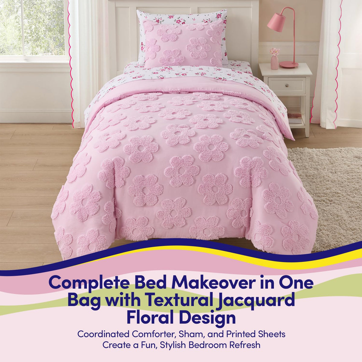 Kids Twin Size Bed in a Bag Tufted Comforter & Sheet Set – Complete Bedding Set with Corner Strap Fitted Sheet, Ultra Soft Lightweight All Season Comforter, Girls Bedroom, Dorm, Guest Room