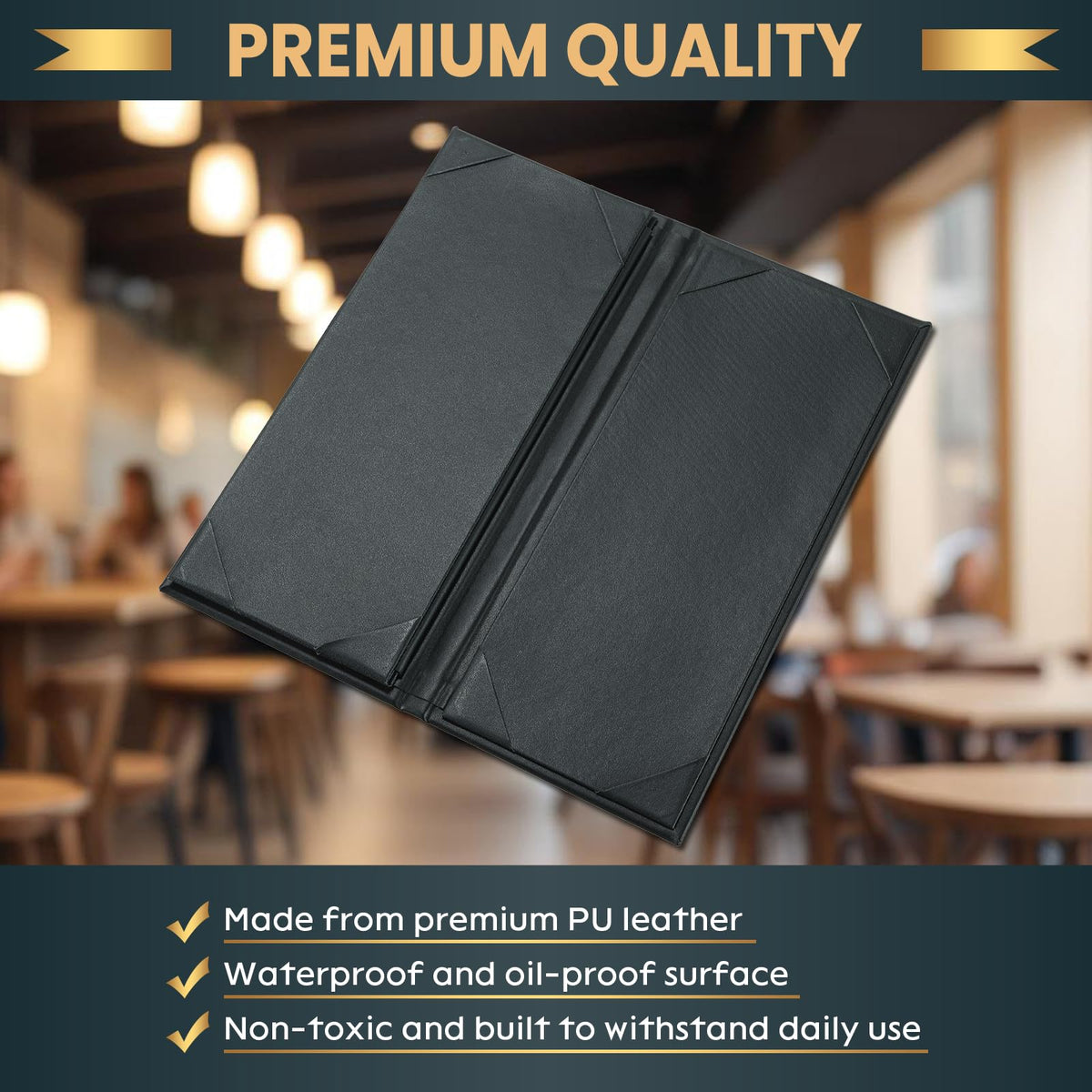 AMGSH 10 Pack 4 View Menu Holder Menu Covers 4.25" x 11" | 10 Pack Black Leather Menu Sleeves Book Style for Restaurant Coffee Bars Wine List (4 View, 10 Pack)
