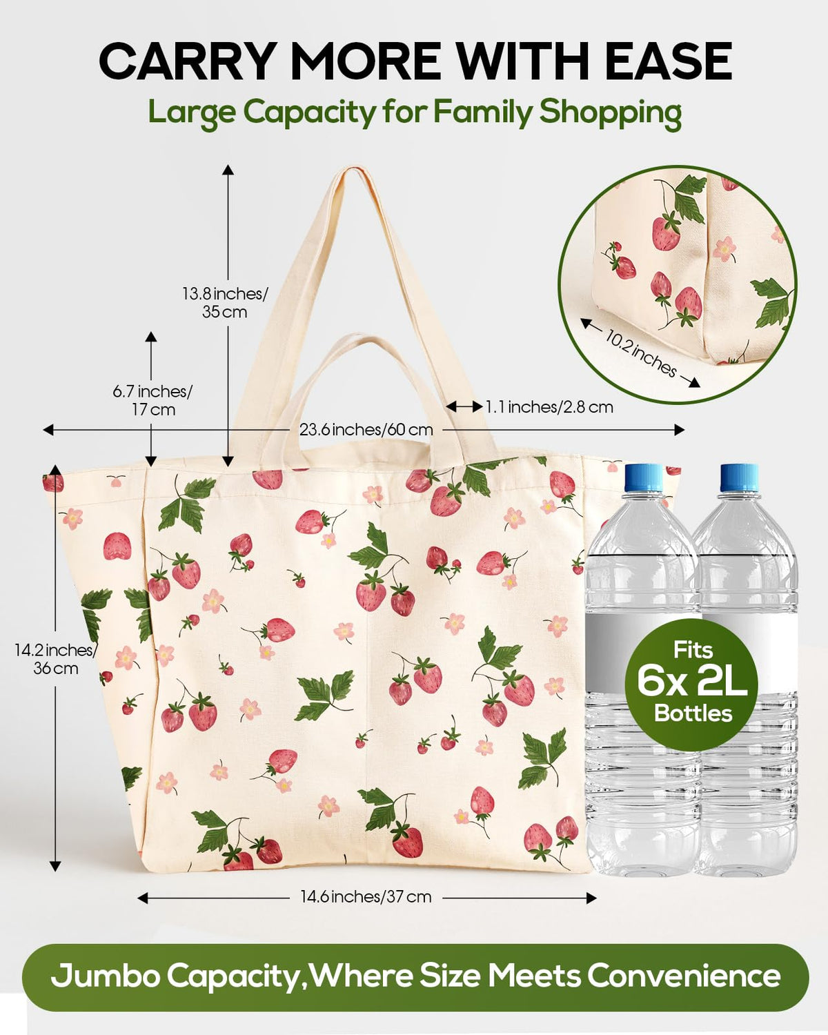Miss Adola Large Canvas Grocery Tote Bag - Reusable Shoulder Bags with 6 Inner Pockets & Shoulder Strap and Handle Cute Aesthetic Designer Heavy Duty Shopping Totes for Groceries, Strawberry