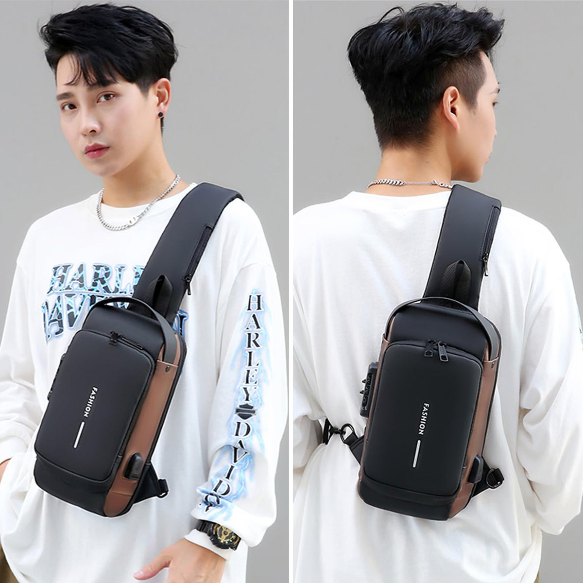 ISDULA Sling Bag for Men Anti Theft Crossbody Shoulder Bag PU Leather USB Chest Backpack for Daily Use Travel (Brown)
