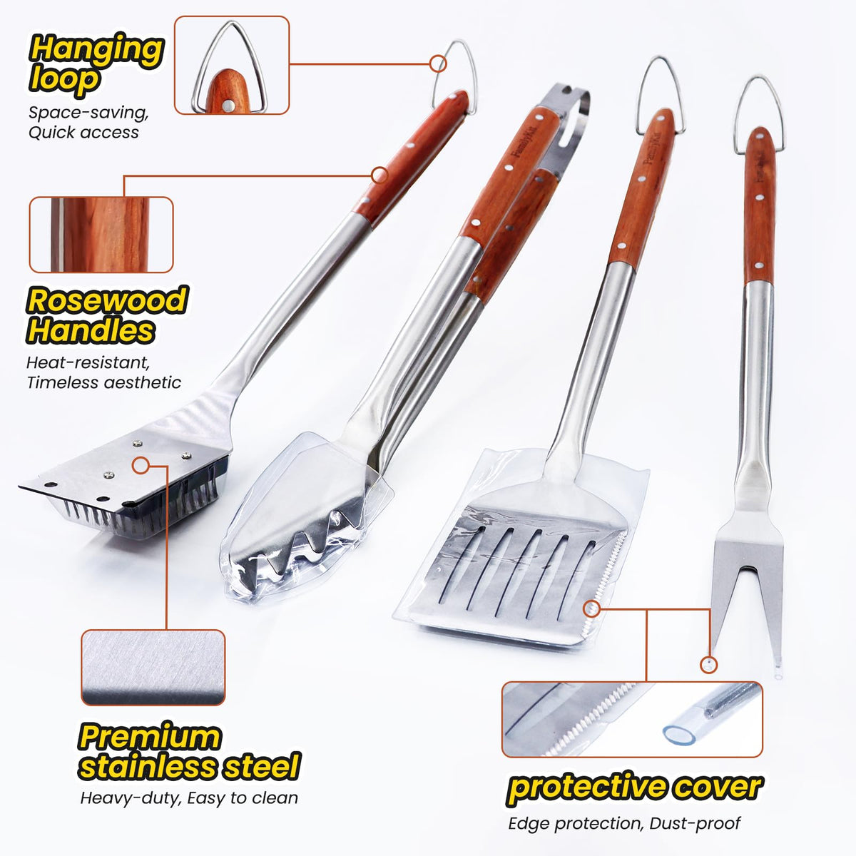 4PCS Grilling Accessories Rose Wooden BBQ Grilling Tools Set, Heavy Duty Stainless Steel Barbecue Grill Tools Kit with Spatula, Clips, Brushes, Forks for Outdoor Grill, BBQ Gift for Men and Women
